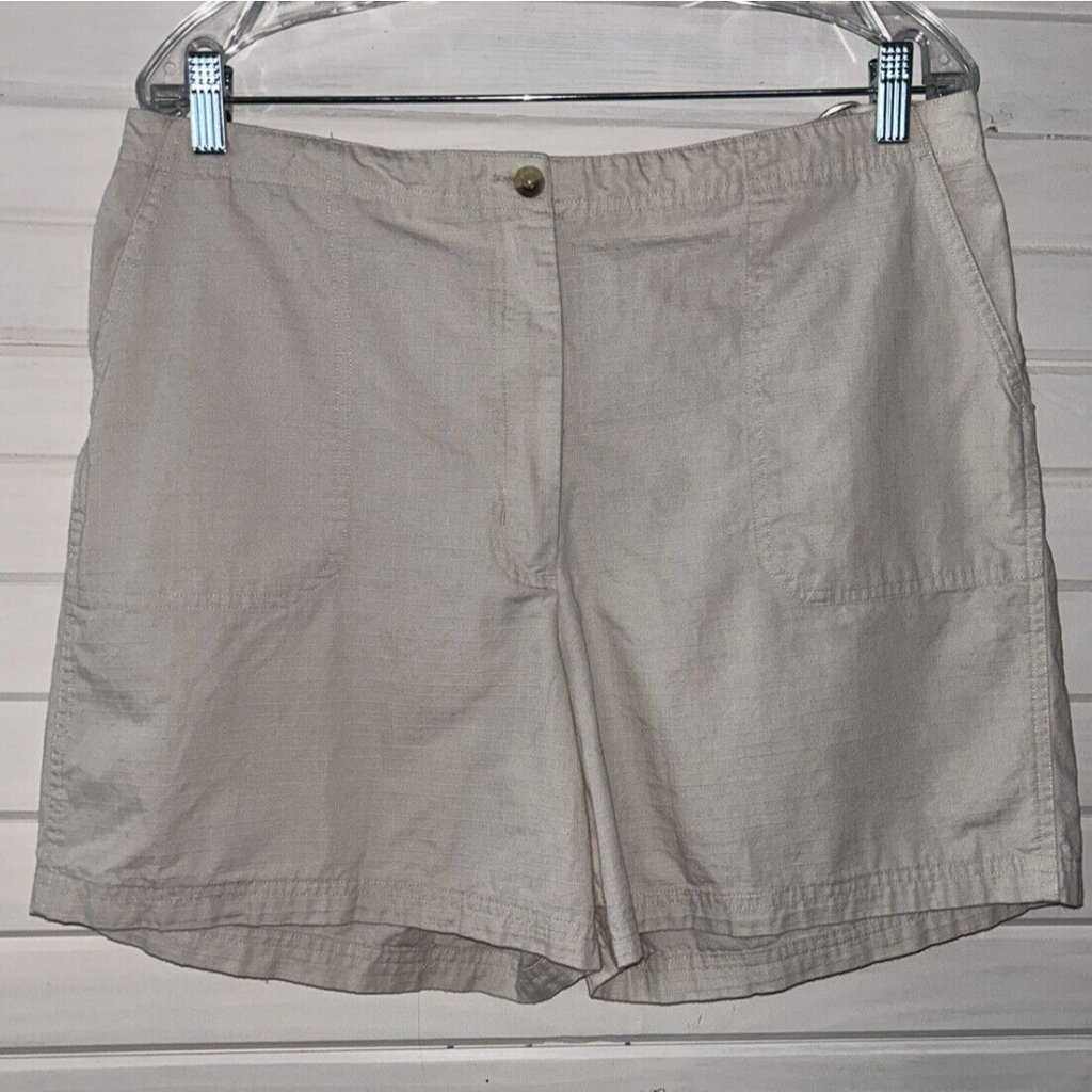 Kim Rogers Sz 14 Khaki Ripstop Cotton Shorts Adjustable Waist Pockets Euc